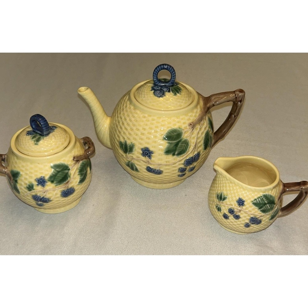 Tiffany & Co Blackberries Teapot Set Portugal Majolica Yellow Basket Weave
